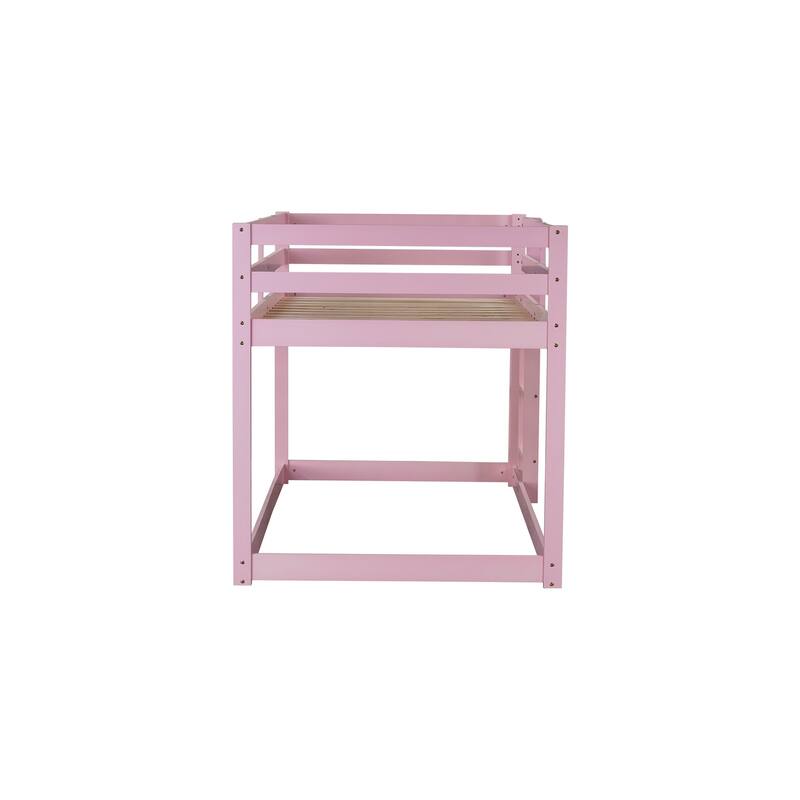 Wooden Twin over Twin Floor Bunk Bed with Ladder, with Bed Platform of Strengthened Slats