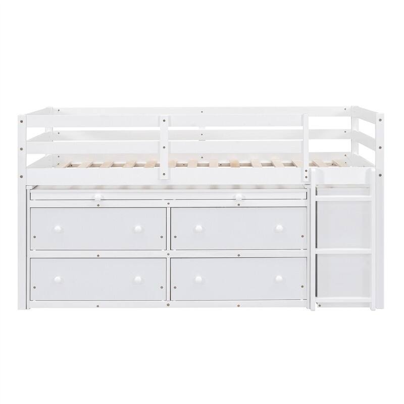 Twin/Full Size Low Loft Bed with Retractable Writing Desk and 4 Drawers, Wooden Loft Bedframe w/ Lateral Portable Desk & Shelves