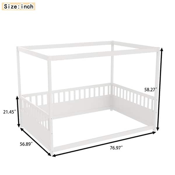 dimension image slide 3 of 4, Wooden Canopy Bed Frame with Guardrails, Four-Poster Design, and Montessori-Inspired Floor Bed for Kids .