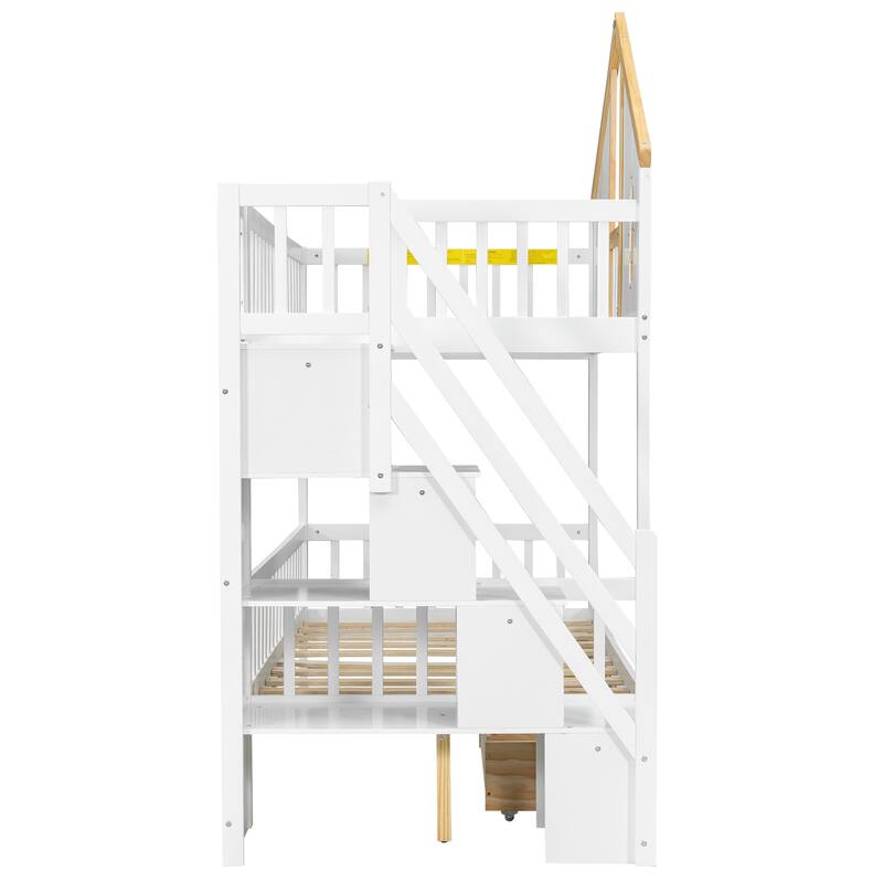 Fairytale Bunk Bed with Window Door House-shaped Roof Frame and Storage Staircase, Optional with Storage Drawers or Trundle Bed