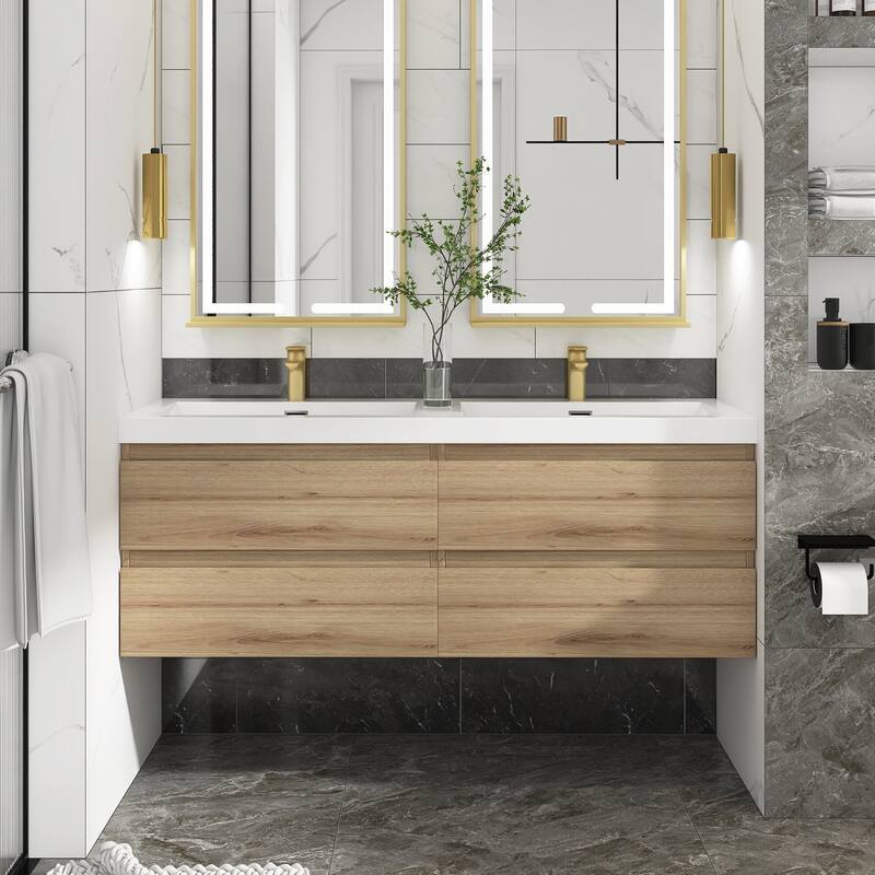 MDF Wall-Mounted Bathroom Vanity Set in Oak with Integrated Culture Marble Sink