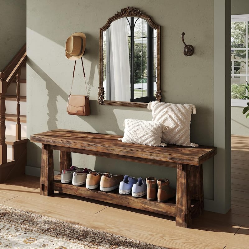 55" Solid Wood Entryway Bench with Shoe Storage, Charred Wood Grain