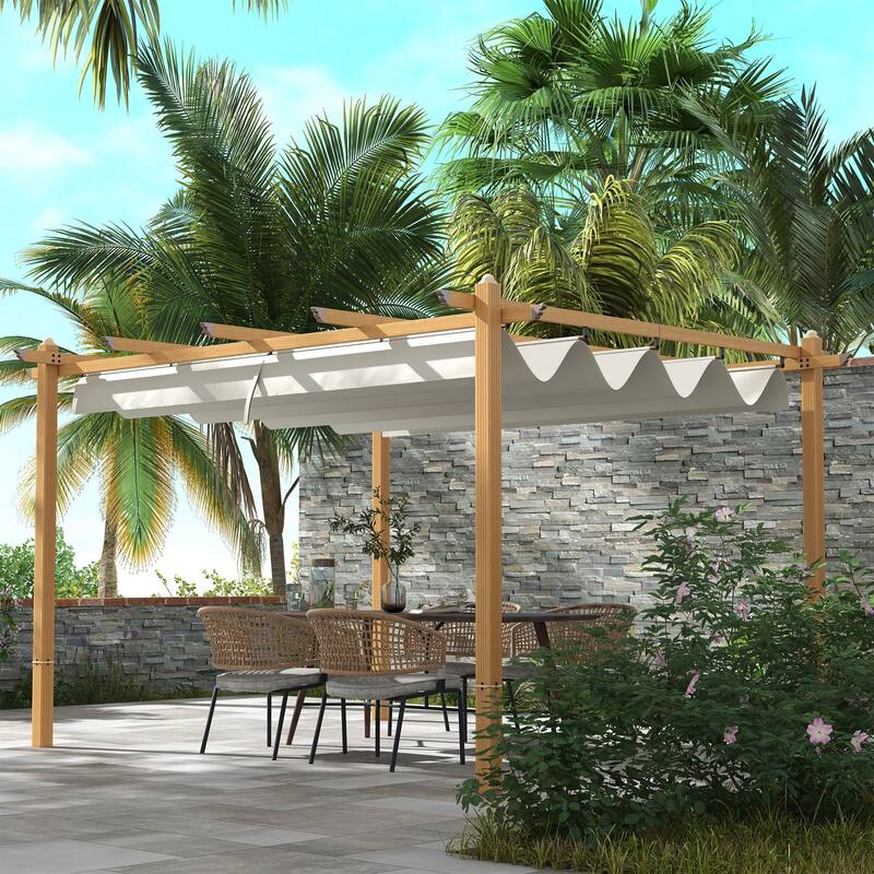 Outsunny 10' x 12' Retractable Pergola Canopy, Wood Grain Aluminum Pergola, Outdoor Sun Shade Shelter for Grill, Garden