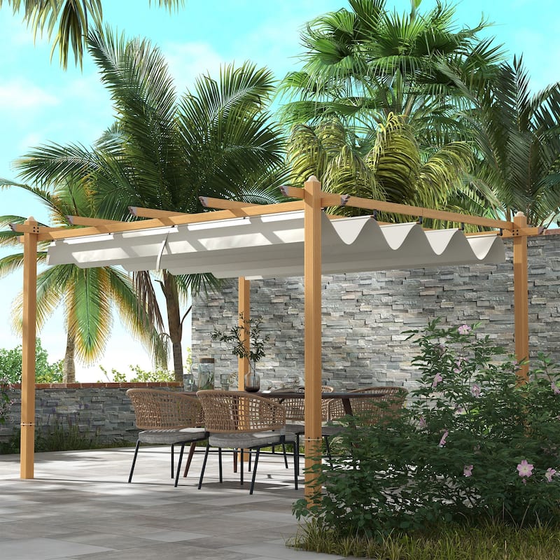 Outsunny 10' x 13' Retractable Pergola Canopy, Wood Grain Aluminum Pergola, Outdoor Sun Shade Shelter for Grill, Garden, Patio