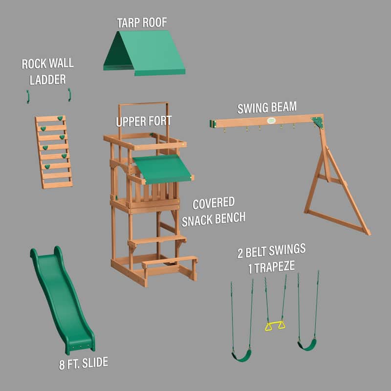 Backyard Discovery Belmont Cedar Wood Swing Set, Slide, Play Deck - 17'7" x 7'3"