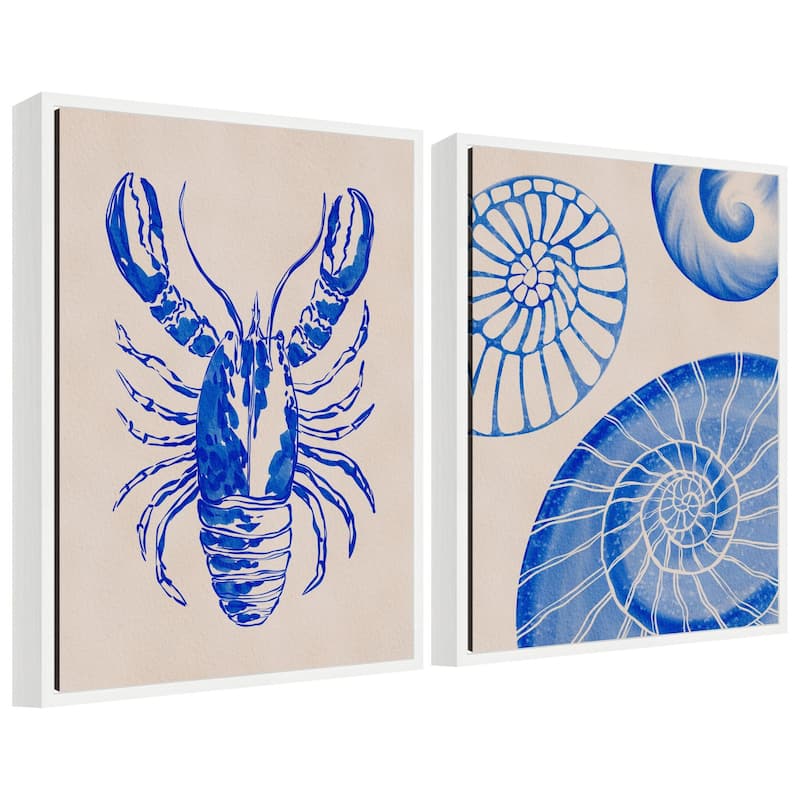 Kate and Laurel Sylvie Lobster and Ocean Charms 1 Framed Canvas Art Set by Nikita Jariwala - 2 Piece Set 18x24