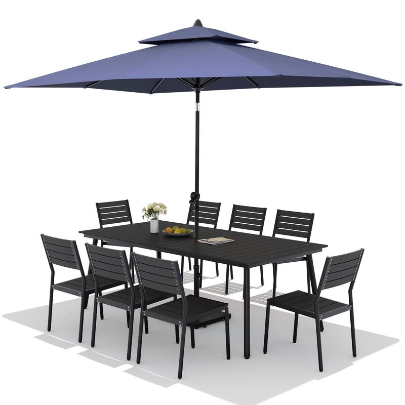 11PC Outdoor Patio Dining Set Aluminum Table with Stackable Chairs w/ Premium Market Umbrella Sets