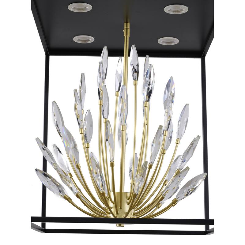 4-Light Matte Black Pendant With Gold Branches And Clear Crystals