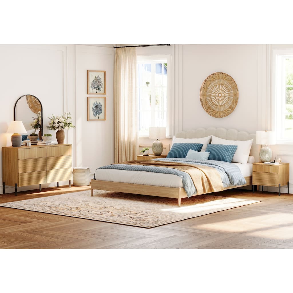 WAMPAT 3-Piece Modern Bedroom Set, 47" Fluted Dresser with 6 Drawers & 2 Nightstands with Charging Station, Oak