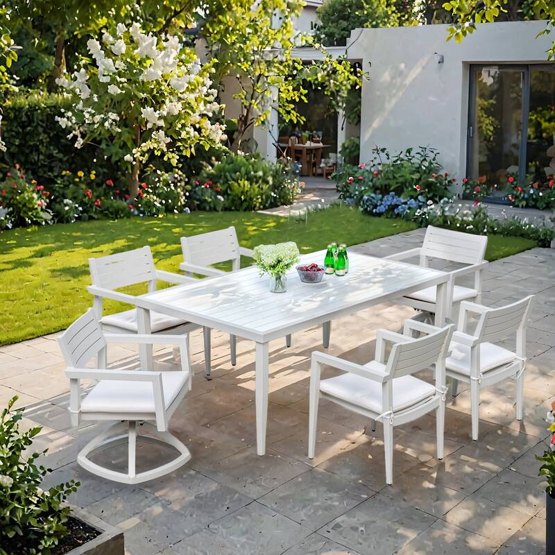 7PC Patio Aluminum Furniture, Modern Dining Set including 4 Dining Chairs & 2 Swivel Rockers Sunbrella Fabric Cushioned - White