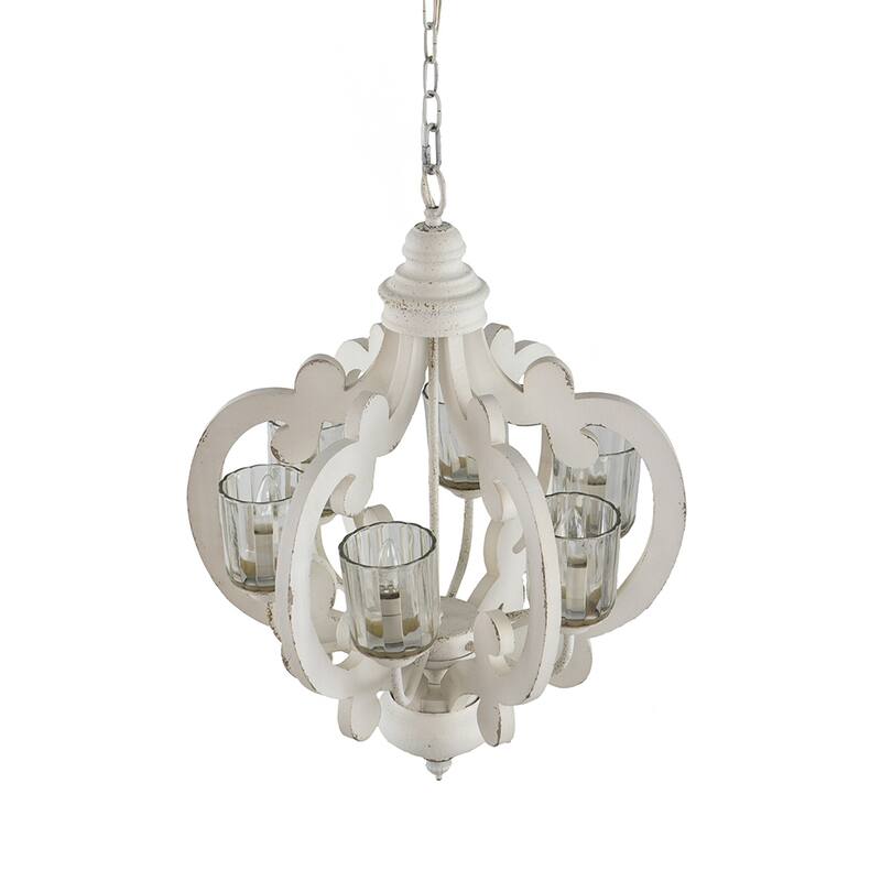 6-Light Wood Chandelier Pendant Light Fixture with Adjustable Chain for Living Room, Exquisite Cream Chandelier Lighting