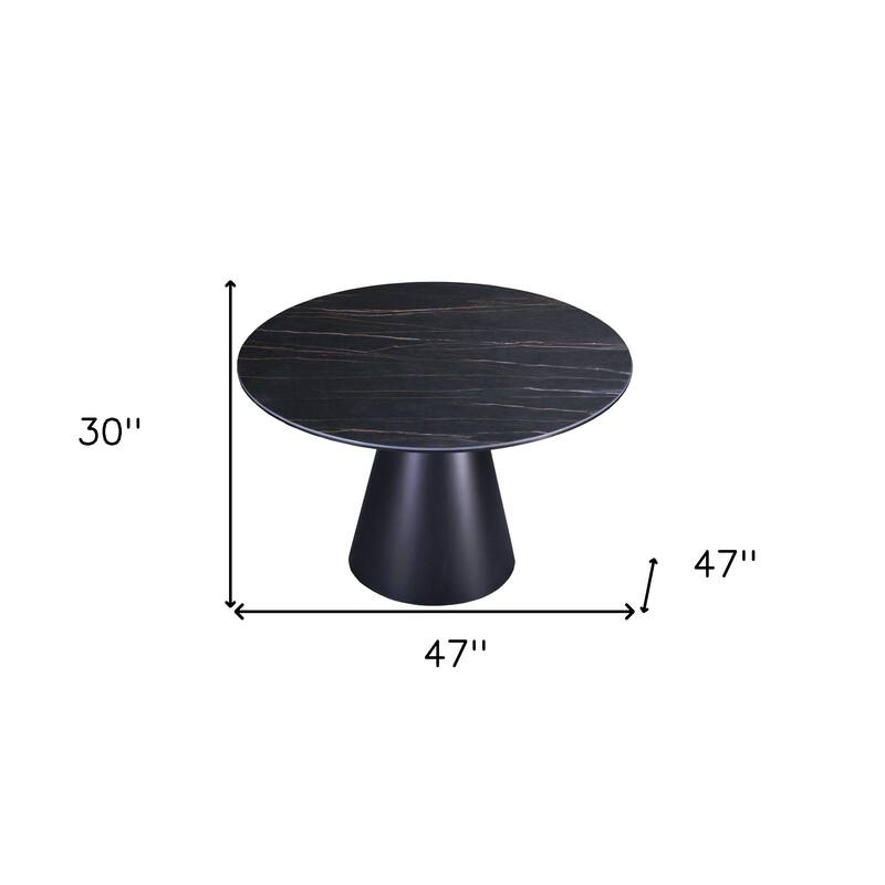 HomeRoots 47" Black Ceramic and Metal Pedestal Base Round Top Dining Table - 47.00 in. x 30.00 in. x 47.00 in.