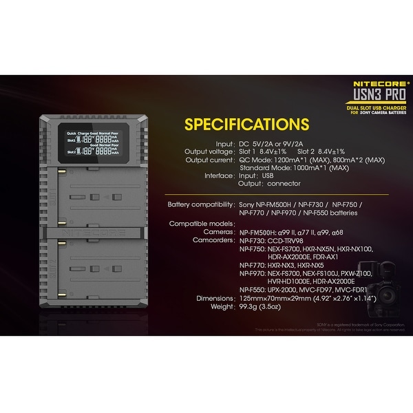NITECORE USN2 2-Slot Compact USB Digital Camera Charger for Sony NP-BX1 Battery