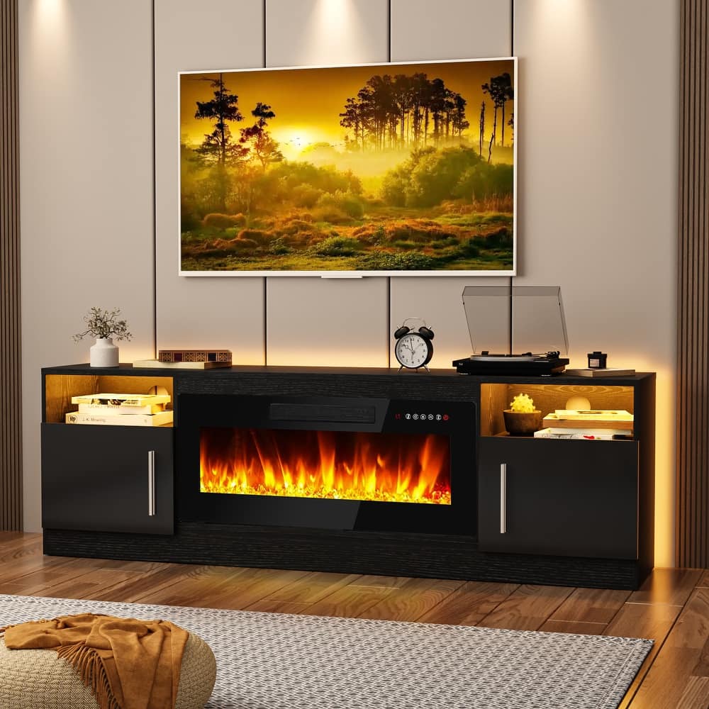 Bossin 70" Fireplace TV Stand with 36" Electric Fireplace, TV Stand for TVs Up to 80", 16 Colors LED Lights/Entertainment Center