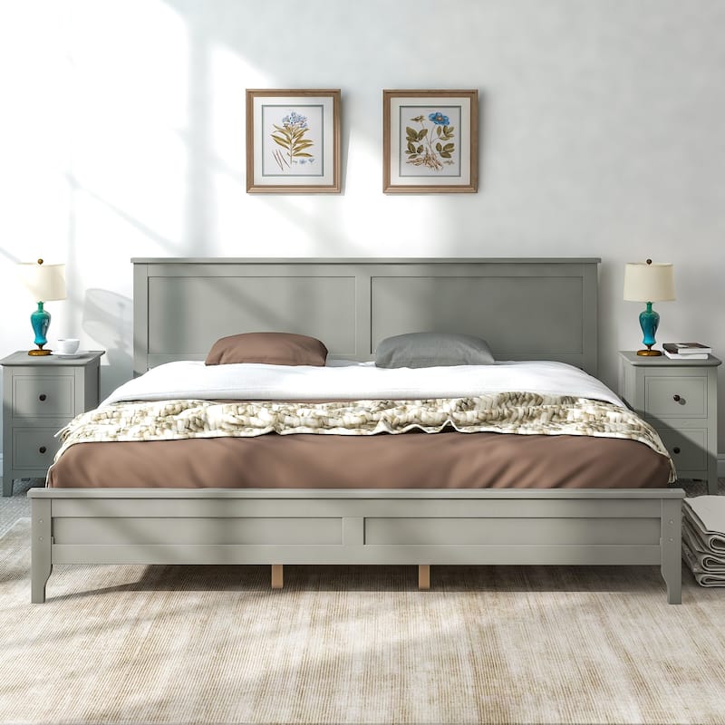 Bedroom Solid Wood King Platform Bed Frame with Tapered Wood Legs, Wood Slat Support, Easy Assembly,Gray
