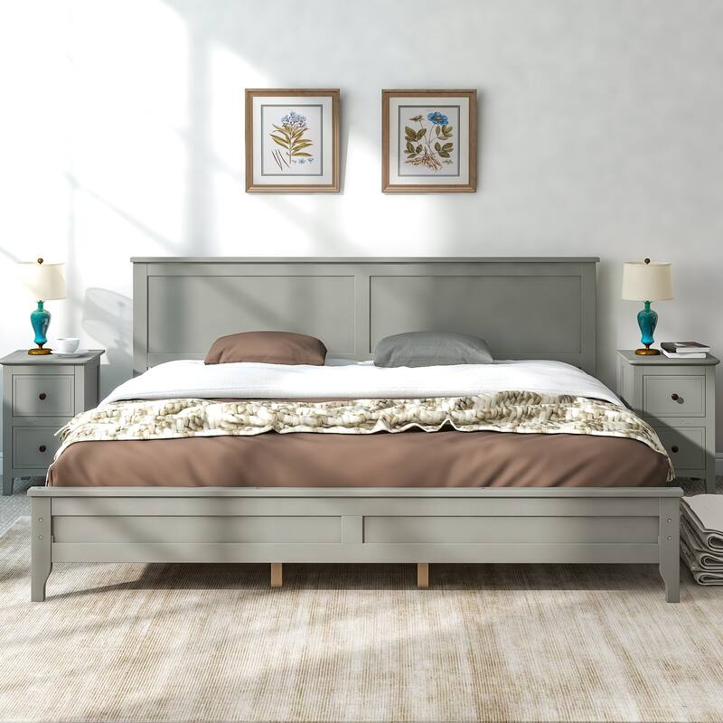 King Size Wood Platform Bed with Headboard and Footboard, Wooden Slat