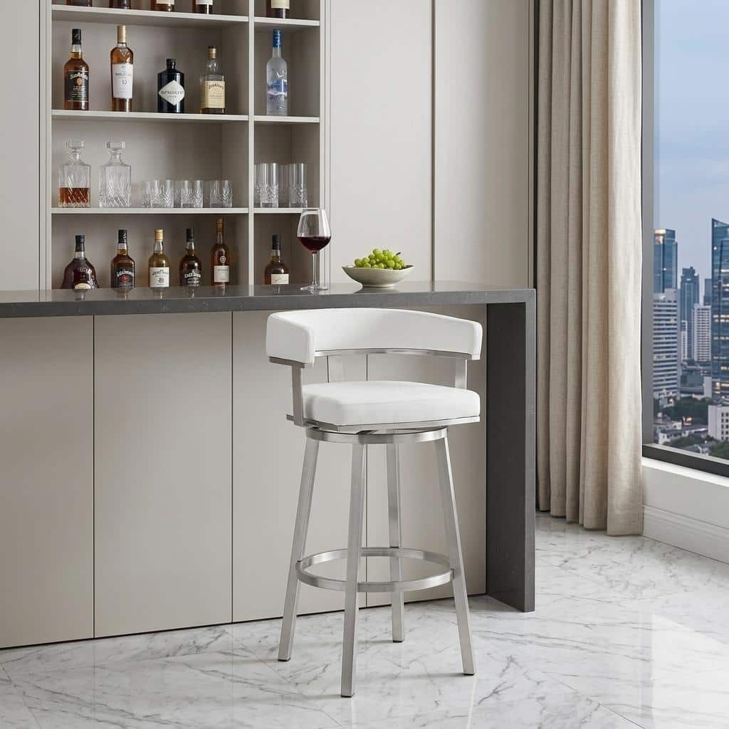 HomeRoots 30" White and Silver Faux Leather Stainless Steel Low Back Bar Height Swivel Bar Chair