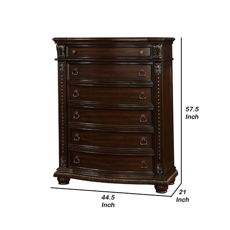 Kera Traditional Tall Dresser Chest, 6 Drawers, Sculpted Cherry Brown Wood