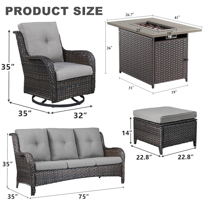 6 Pieces Patio Furniture Set with Fire Pit Table - Brown