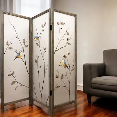 HomeRoots 63" Brown Fabric and Wood Folding Three Panel Screen Room Divider - 60' X '63' X '1