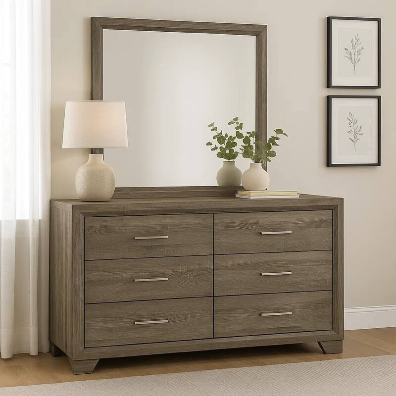 Reay Wide Dresser and Mirror with Mitered Trim, Brown Oak Wood