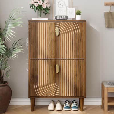 Freestanding Shoe Storage Cabinet with 2 Flip Drawers - Shoe Organizer with Metal Handles & Line Groove Design