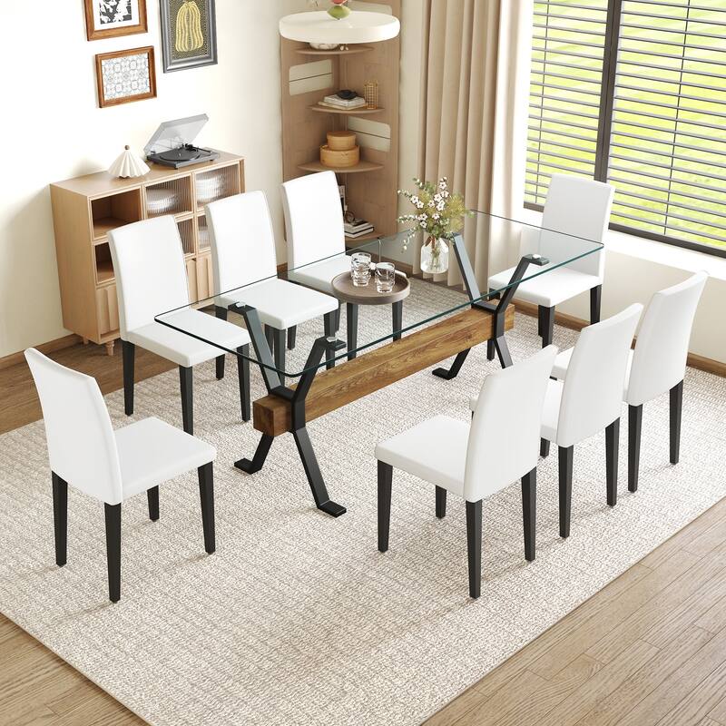 9 Piece Rectangular Glass Dining Table Set, Tempered Glass Dinner Table Set for 8, Kitchen Table Set with 8 Upholstered Chairs - White Black PU Chairs