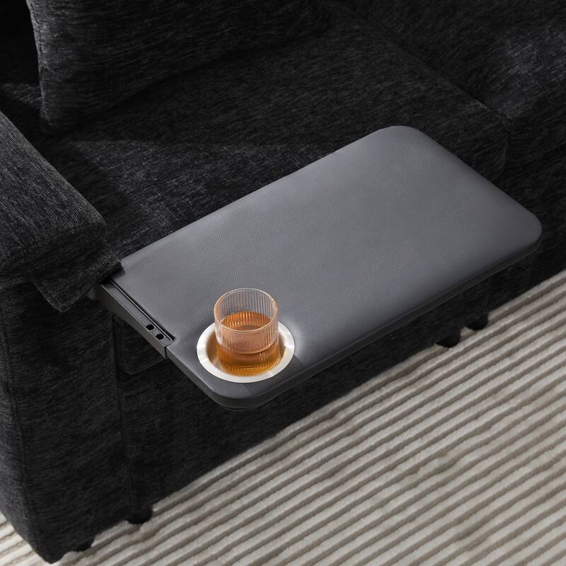 Tufted Chenille Sectional Sofa with Pull-out Bed, Flip-up Table Panel, Reading Lamp, Charging Ports, Storage Ottoman, 6 Pillows