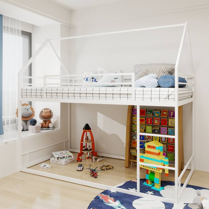 Twin Size Floor Bunk Bed, Iron House Bunk Bed Frame, Twin over Twin, Heavy Duty Metal Slat Support, No Box Spring Needed - White - Twin