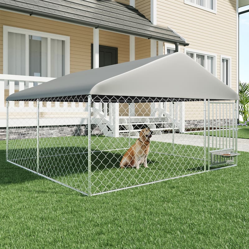 EROMMY Outdoor Dog Kennel, Heavy Duty Large Dog Kennels with Waterproof Cover and Rotating Feeding Door - 9.7' x 9.7'