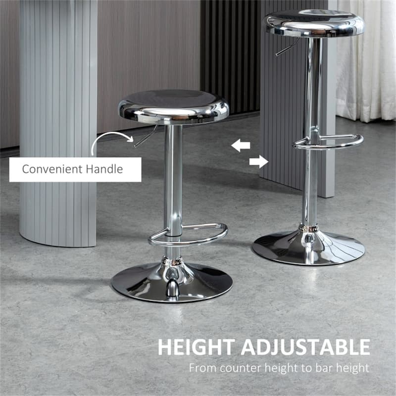 Set of 2 Adjustable Height Silver Steel Bar Stools with Swivel and Footrest for Kitchen - 15.25" W x 15.25" D x 24.5-32.75" H