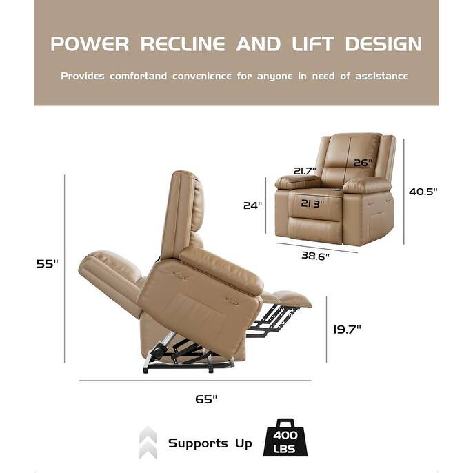 Leather Power Lift Recliner with Heat & Massage, Pockets for Elderly
