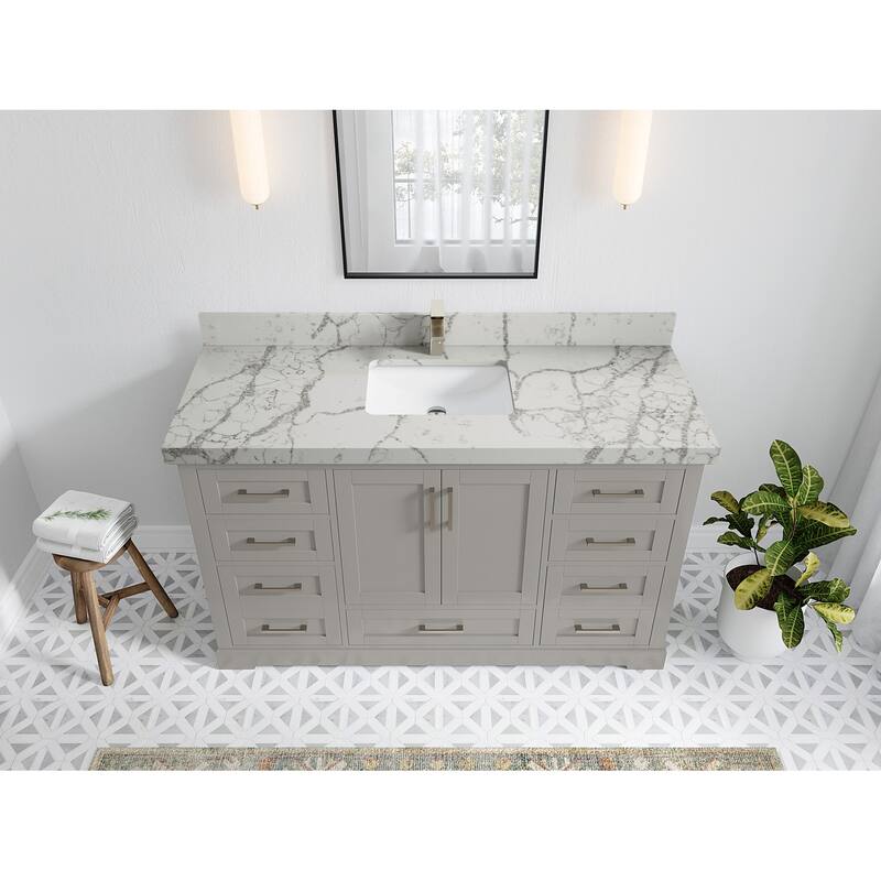 Willow Collection 60 in W x 22 in D x 36 in H Boston Single Bowl Sink Bathroom Vanity with Countertop - 2"Venatino Quartz - Elephant Skin Gray