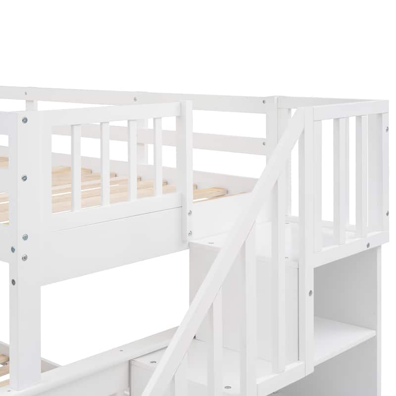 Twin Over Full Bunk Bed with Storage Stairs, Full-Length Guardrail