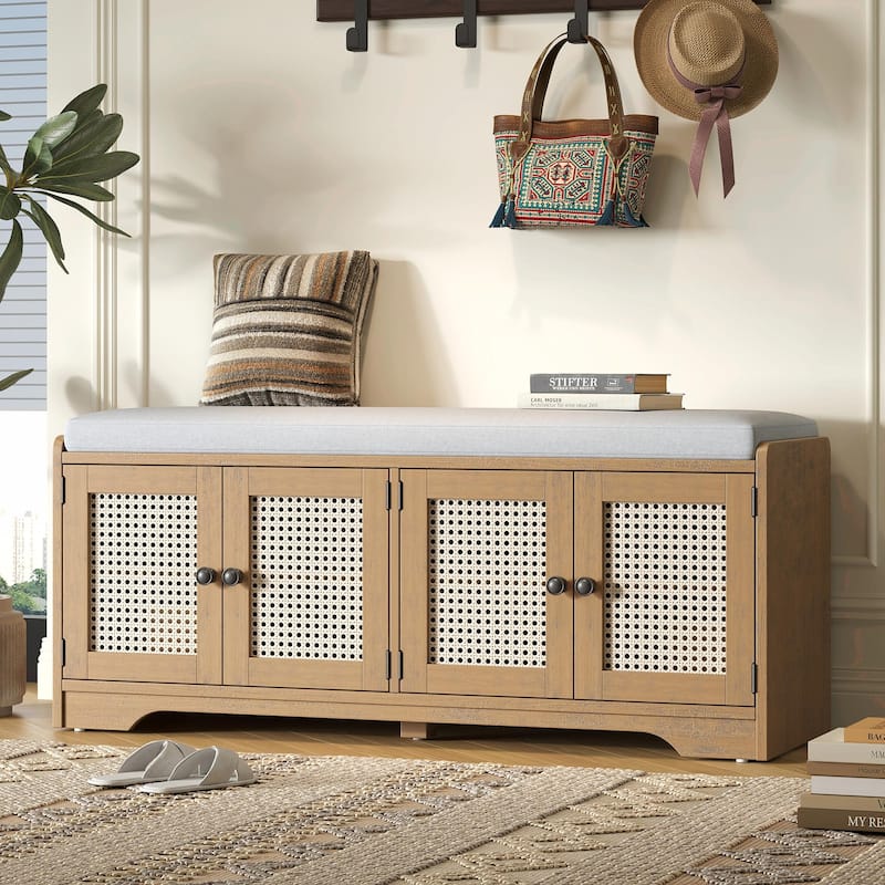 Rustic Storage Bench with Removable Cushion, Woven Rattan Doors & Adjustable Shelves