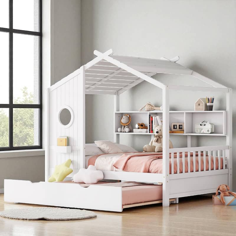 Wooden Twin/Full Size House Bed with Trundle, Storage Shelf & Roof Design - Kids Modern Playhouse Bed Frame