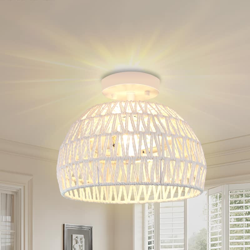 Semi Flush Mount Rattan Light Fixture Woven Ceiling Light Fixture - 2-Light