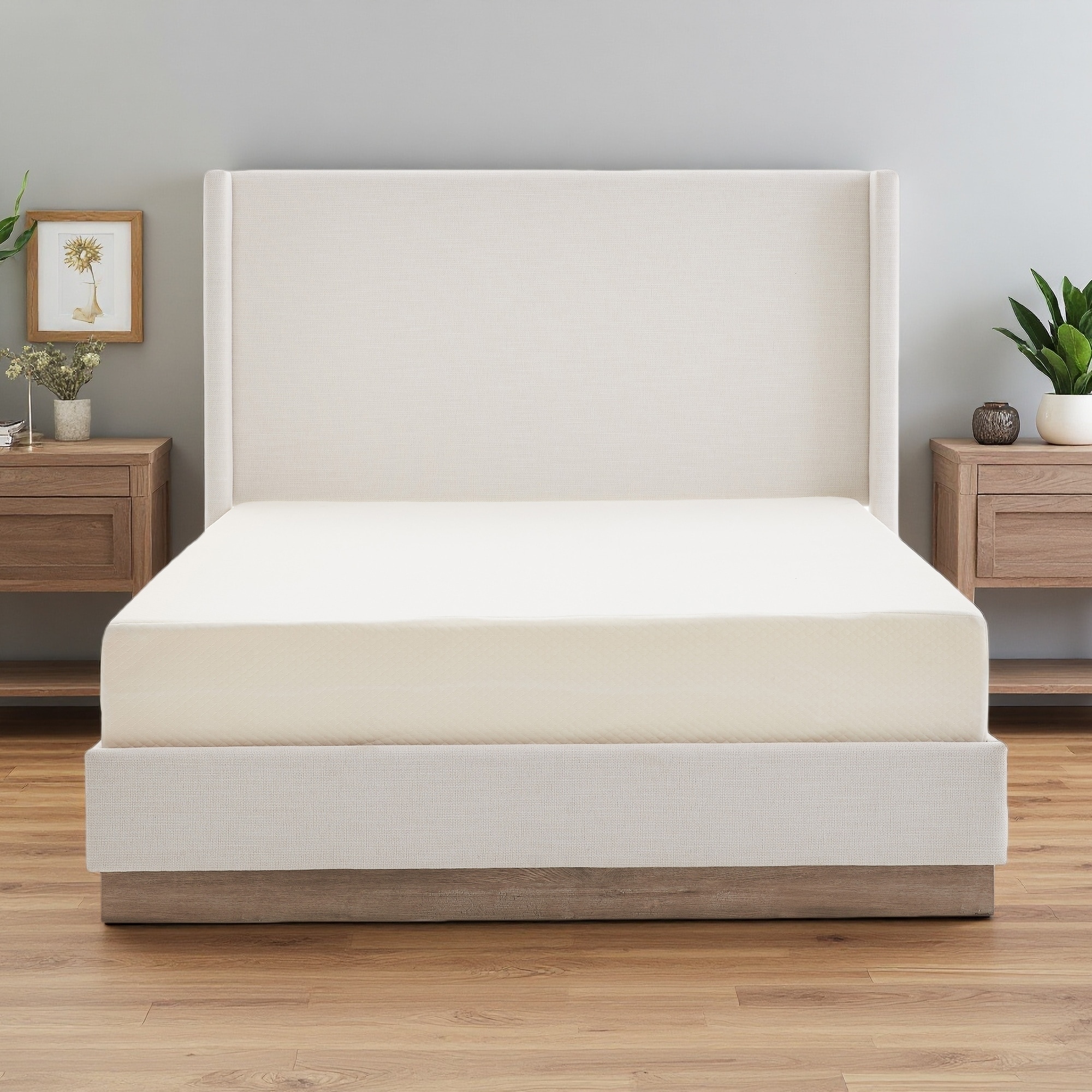 California King Upholstered Wingback Bed, Canvas, High Headboard, Wood Base, No Box Spring