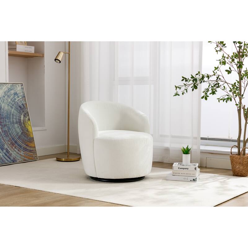 Ivory Chenille Modern 25.6" Upholstered Swivel Barrel Chair with Black Powder Coating and Metal Ring