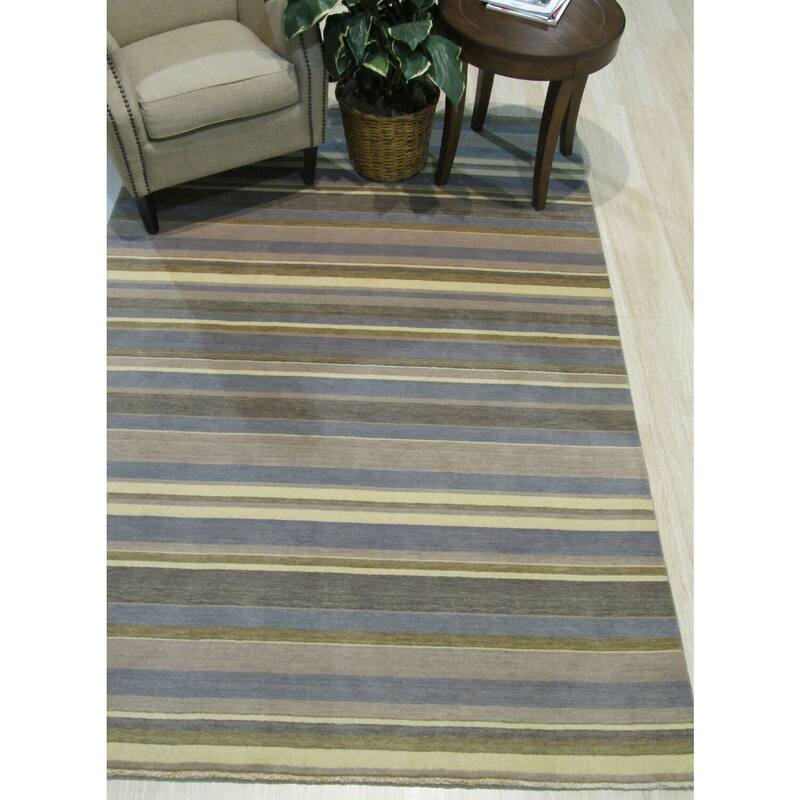 Light Blue/Cream Handmade Wool Transitional Striped Rug, 4' x 6' - Soft striped wool rug with modern charm. - N/A