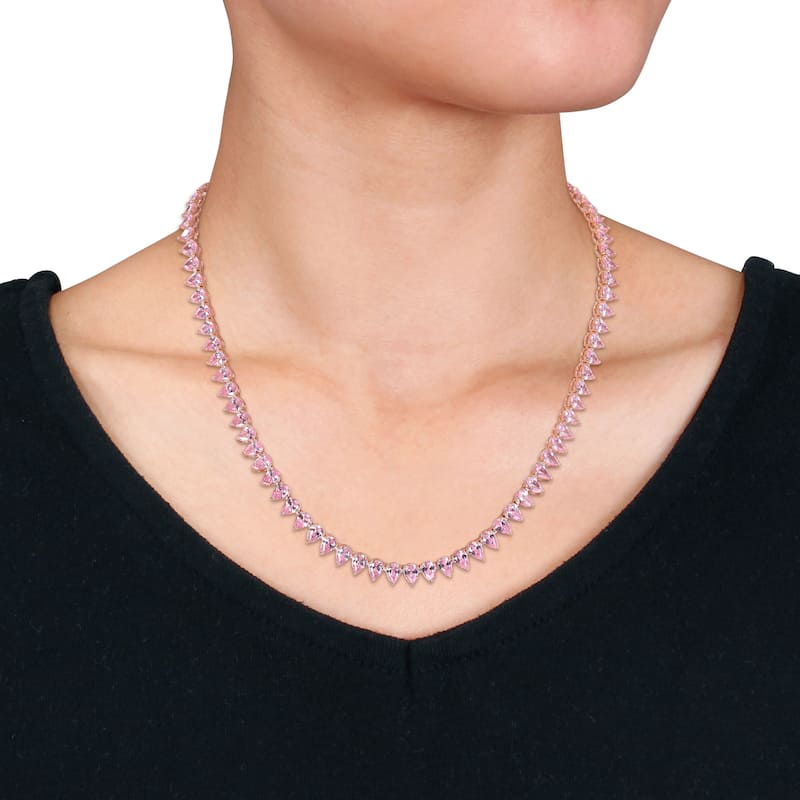Miadora 58ct TGW Created Pink Sapphire Tennis Necklace Bracelet 2-Piece Set Rose Silver