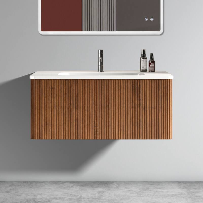 36" Striped Walnut Bathroom Vanity with White Ceramic Sink, Wall Mounted Floating Bathroom Vanity for Modern Bathroom - White+Walnut