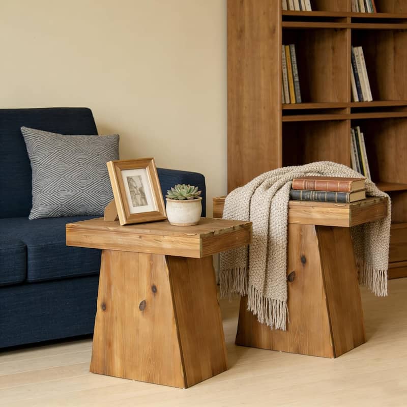 Solid End Table, 23.6" Wood Side Table with Trapezoid Base for Small Space, Living Room