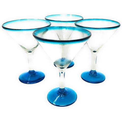 Dos Suenos Mexican Hand Blown Glass - Set of 4 Hand Blown Modern Margarita Glasses - Aqua Rim (12 oz)