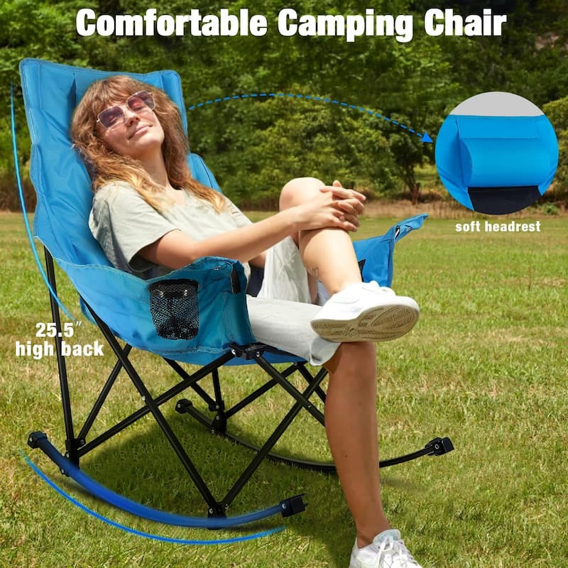 BOSSIN Heavy-Duty Oversized Rocking Camp Chair, Portable Folding w/Cup Holder, Cooler & Pocket for Camping, Beach, Backyard