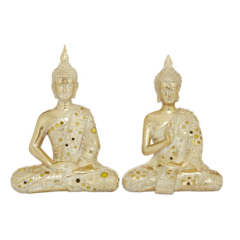 Polystone Buddha Meditating Sculpture with Engraved Carvings and Relief Detailing - Set of 2 Gold - Roche River Decor