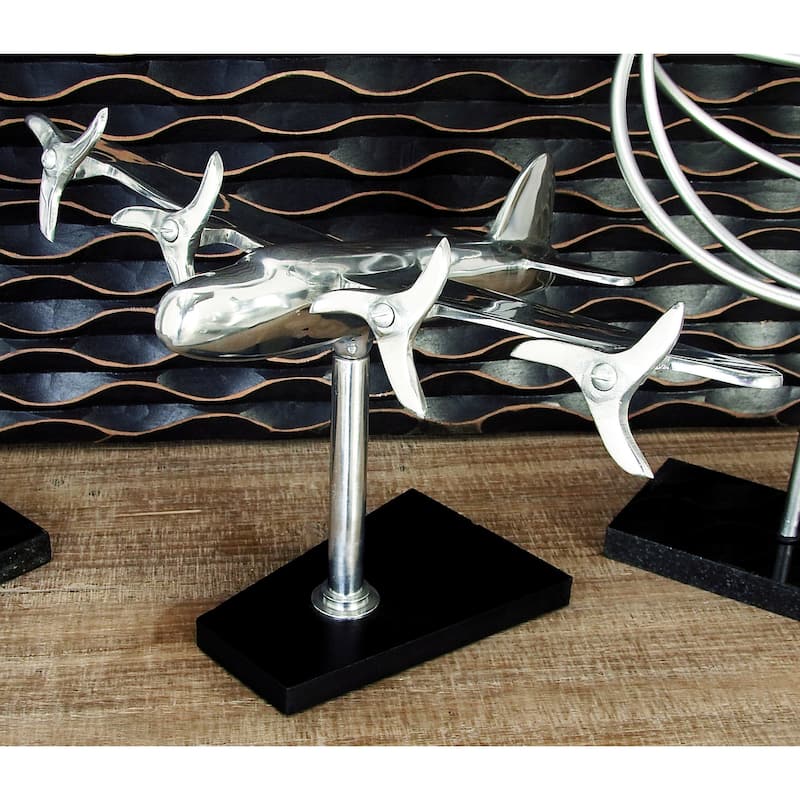 Silver Aluminum Metal Airplane Decorative Sculpture with Black Base - Silver