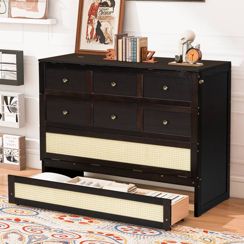 Roomfitters Full Size Murphy Bed with Large Storage Drawer and Rattan Design