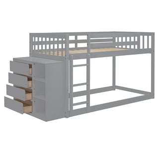 Twin Over Twin Wood Floor Bunk Bed with 4 Drawers and 3 Shelves, Grey