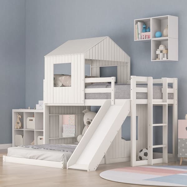 slide 2 of 22, House Bunk Beds with Slide, Wood Twin Over Full Bunk Beds with Roof and Guard Rail for Kids, Toddlers White